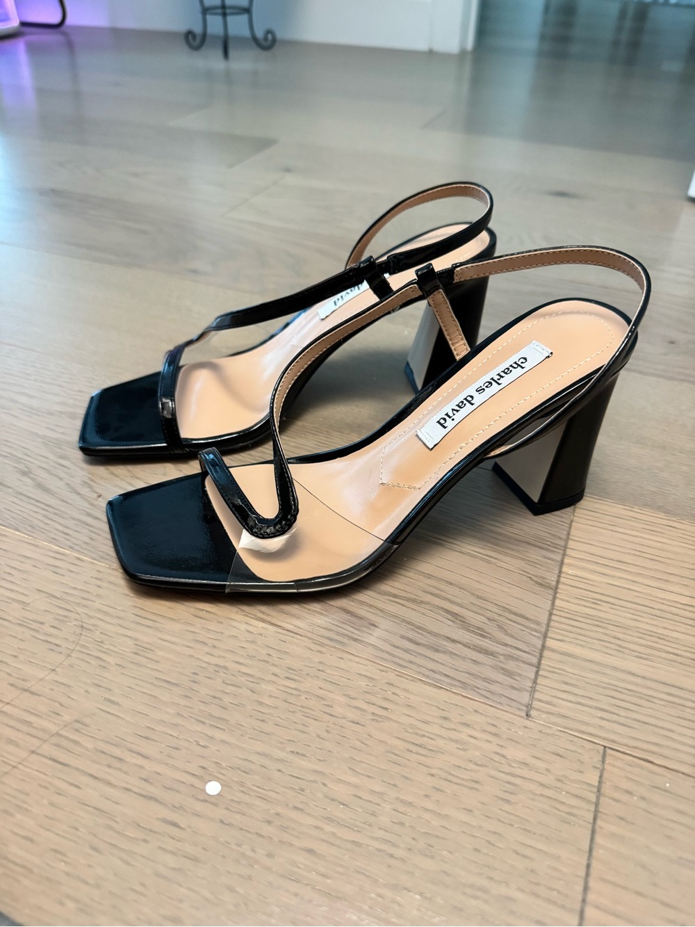 Charles David Black Patent Block Heel Slingback Sandals with Clear Strap